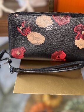 Coach Black Floral Zip Wristlet with Red & Beige Blooms
